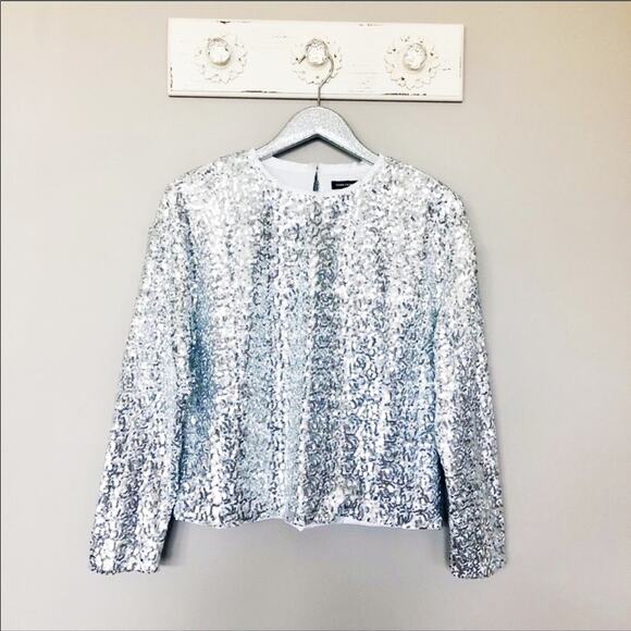 Something Navy Tops - Something Navy All Over Silver Sequin Long Sleeve Blouse